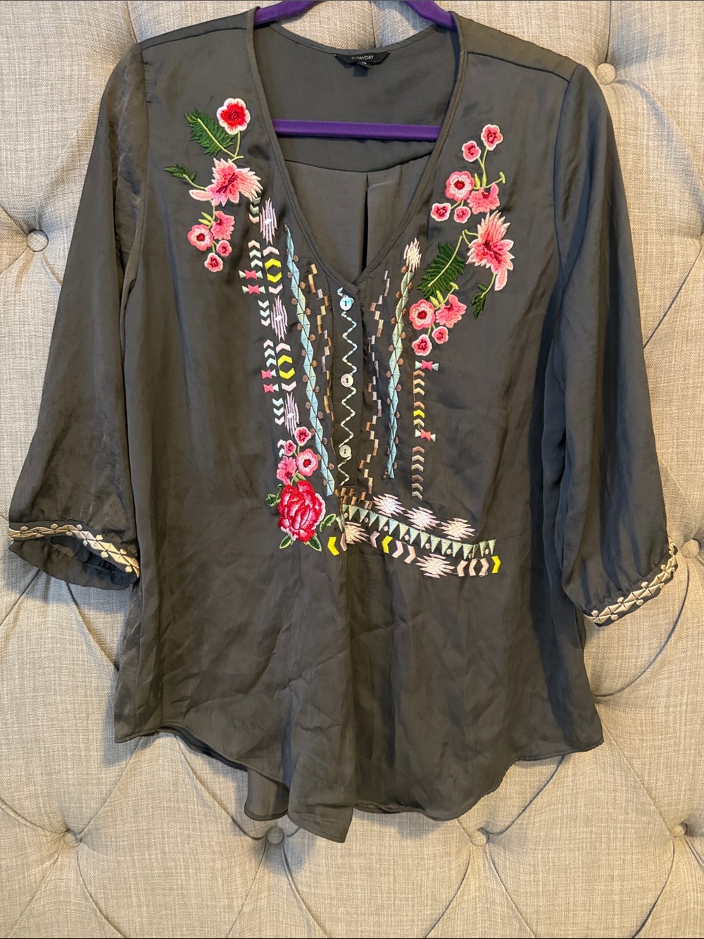 Embroidered V-Neck Floral Peasant Top - Black